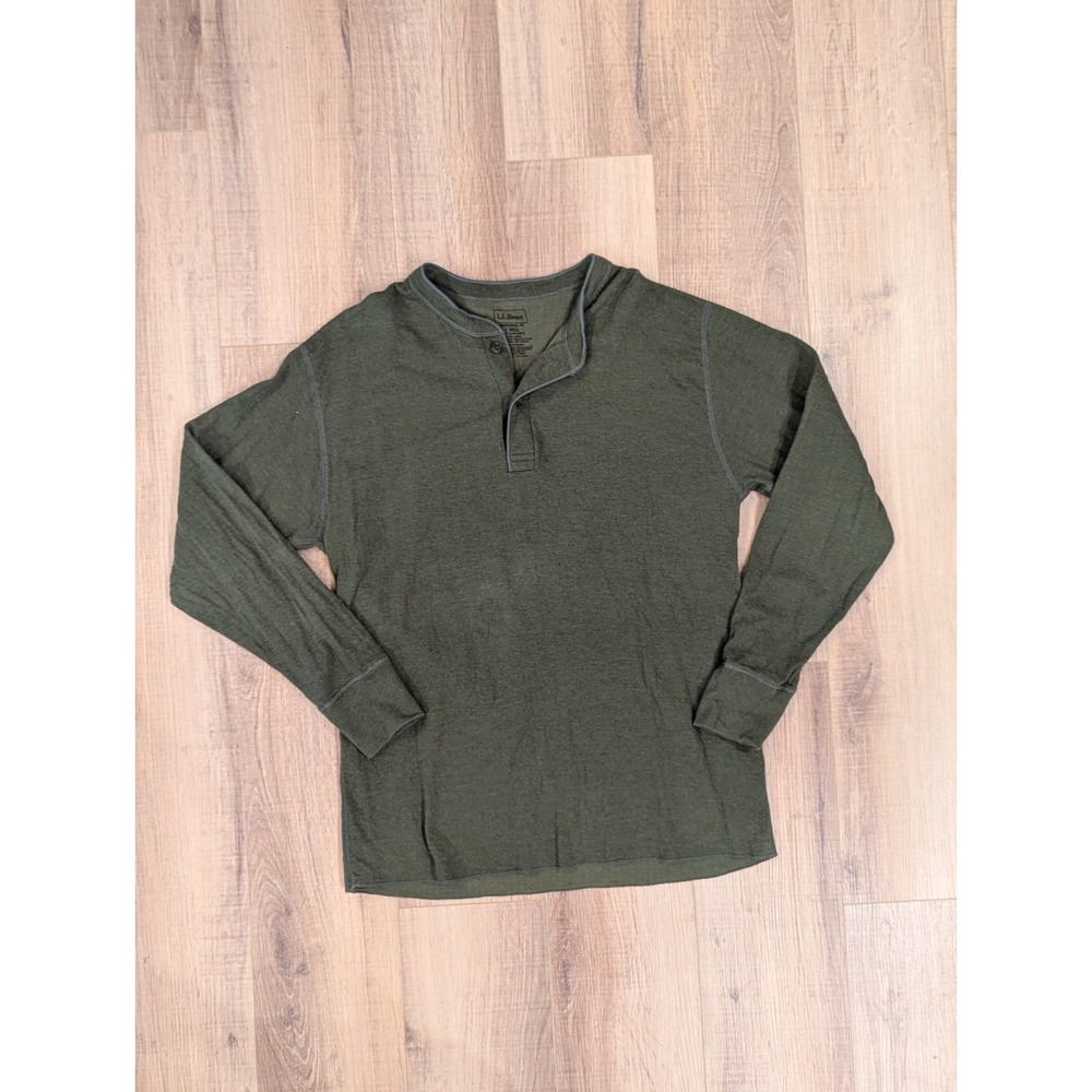 L.L.Bean Men's Large Thermal Henley Shirt Olive Green Long Sleeve Heathered Knit